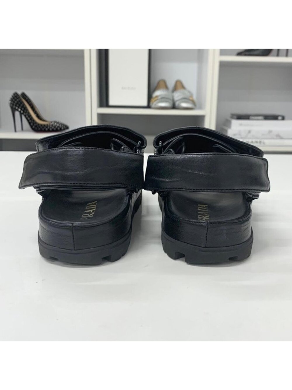 Prada Logo Padded Nappa Leather Velcro Sandals Black - Picture 5 of 10